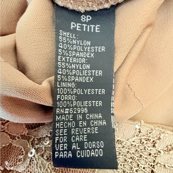 Scarlett Nite Floral Sheath Dress 8P Tan Gray Layered Lace Metallic Cap Sleeves - Picture 12 of 15